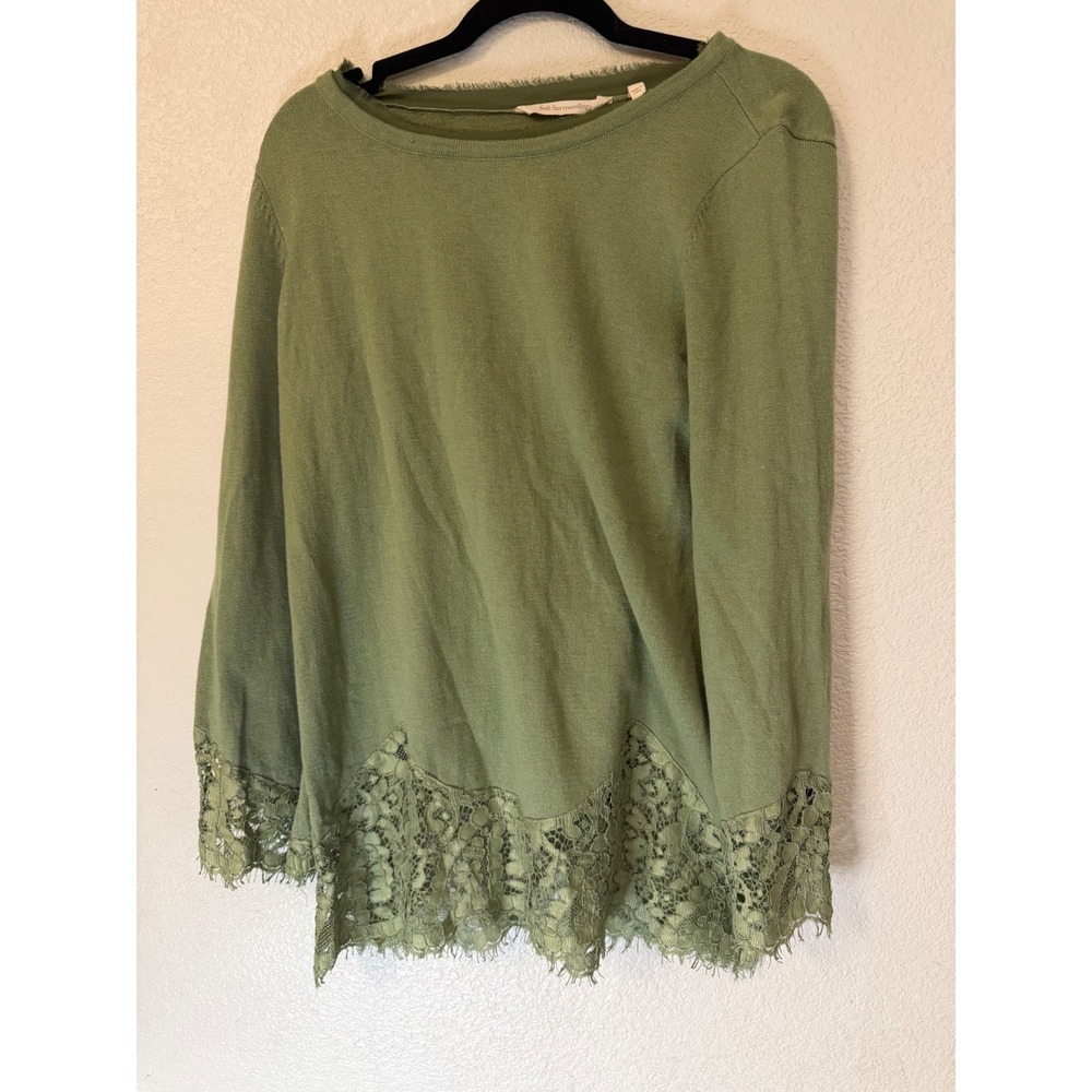 Soft Surroundings Olive Green Lace Trim Knit Top Long Sleeve Boho Size S